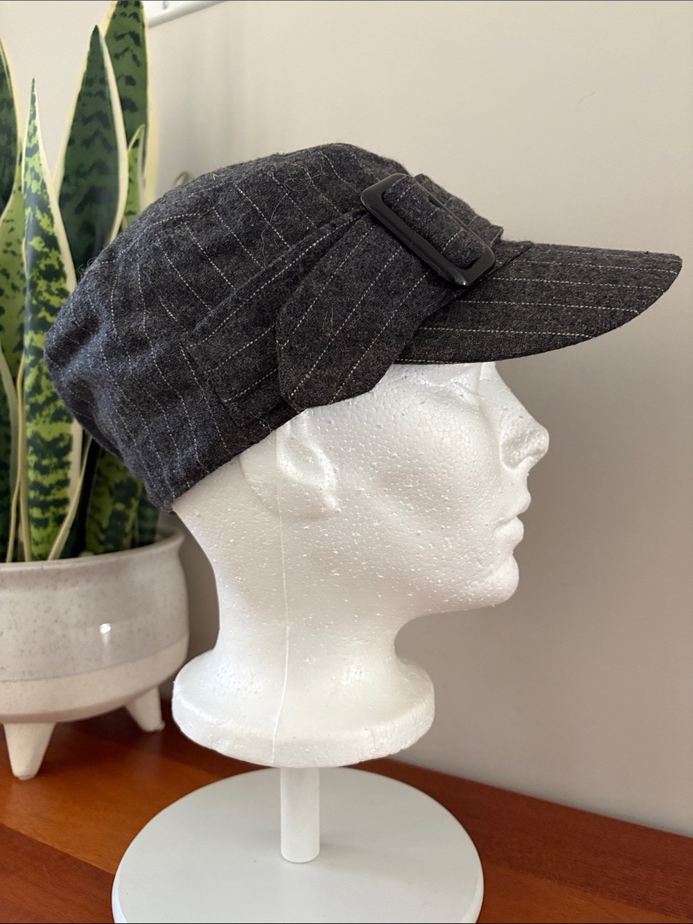 Charcoal Pinstripe Buckle Newsboy Cap Hat Wool Blend